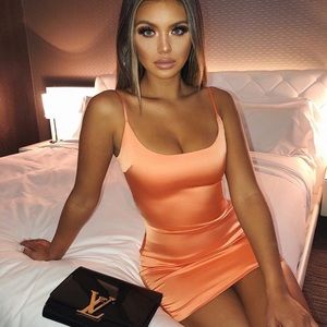 neon orange satin mini dress